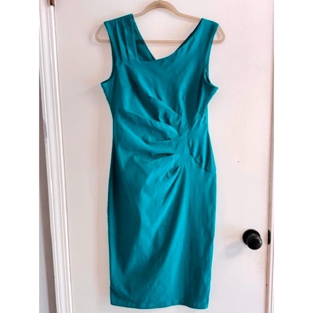 Haute Edition Womens Teal Blue V-Neck Sleeveless Stretch Sheath Midi Dress Sz M